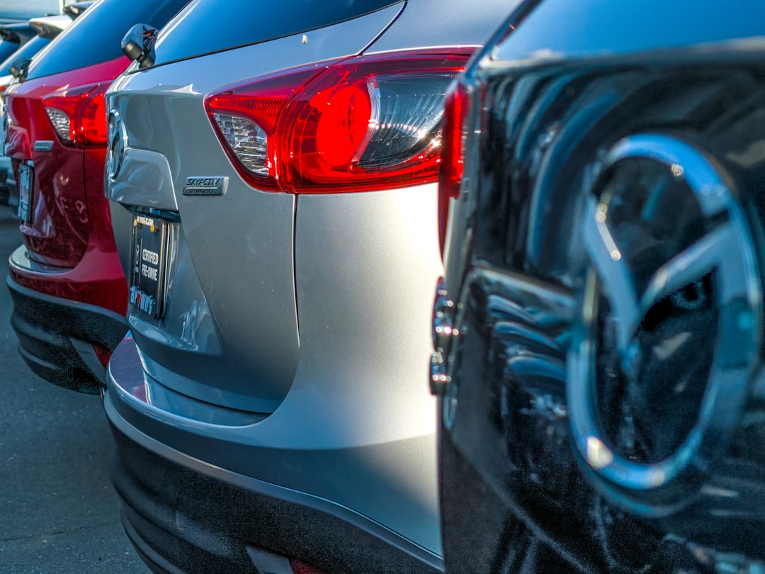 Tail lights of cars parked in a row on a sunny day.